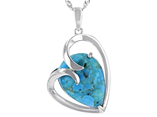 Photo of 18x13mm Pear Shape Cabochon Composite Turquoise Rhodium Over Silver Heart Shape Pendant With Chain