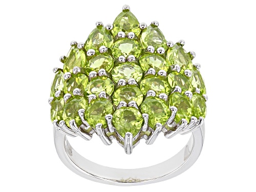3.81ctw Pear Shape and 2.30ctw Round Manchurian Peridot™ Rhodium Over Sterling Silver Cluster Ring - Size 7