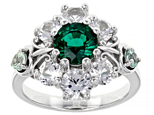 Photo of 3.96ctw Lab Created Emerald, With Lab Created Green And White Sapphire, Rhodium Over Silver Ring - Size 8