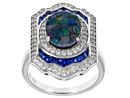 Photo of 11X9mm Oval Mosaic Opal Triplet, 1.51ctw Lab Created Blue Spinel, Zircon Rhodium Over Silver Ring - Size 8