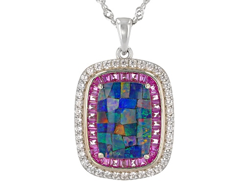Photo of Cushion Mosaic Opal Triplet, 1.76ctw Lab Pink Sapphire And Zircon Rhodium Over Silver Pendant/Chain