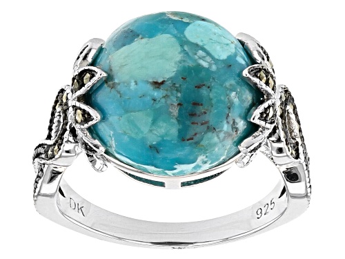 Photo of 13mm Round Cabochon Turquoise and 1mm Marcasite Rhodium Over Sterling Silver Ring - Size 8