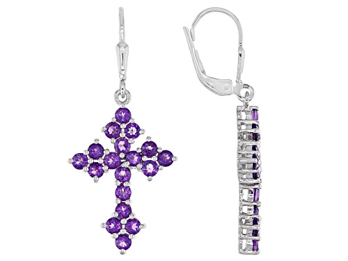 Photo of 1.83ctw Round African Amethyst Rhodium Over Sterling Silver Cross Dangle Earrings