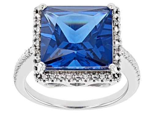 6.00ct Square Lab Created Blue Spinel and .07ctw Round Zircon Rhodium Over Sterling Silver Ring - Size 7