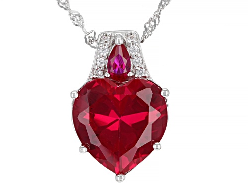 6.83ctw Lab Created Ruby and .09ctw White Zircon Rhodium Over Silver Pendant With Chain
