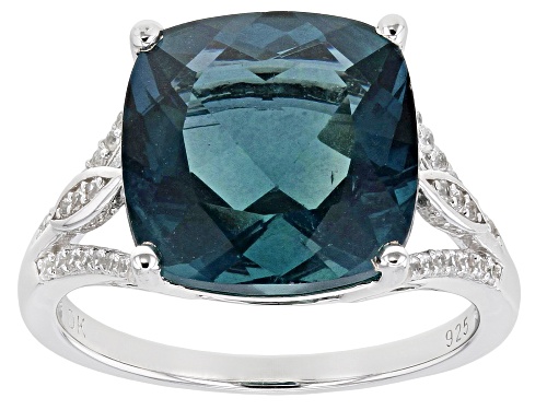 7.23ct Square Cushion Teal Fluorite and .17ctw Round White Zircon Rhodium Over Silver Ring - Size 7