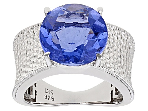 6.79ct Round Color Shift Blue Fluorite Rhodium Over Sterling Silver Solitaire Ring - Size 7