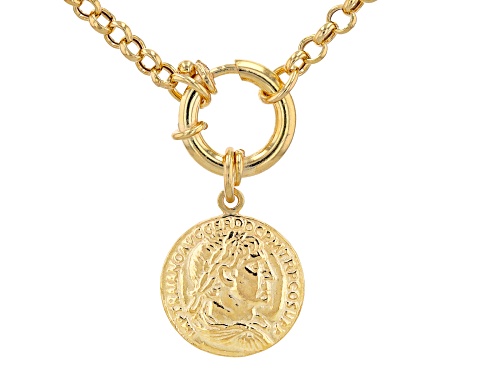 18k Yellow Gold Over Sterling Silver Rolo Link 20 Inch Necklace With Replica Coin Pendant - Size 20