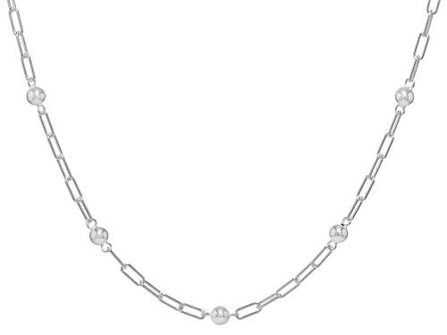 Sterling Silver Bead Station Paperclip Link 18 Inch Necklace - Size 18