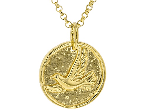 18k Yellow Gold Over Sterling Silver Reversible Bird & Peace Pendant With 18 Inch Rolo Chain