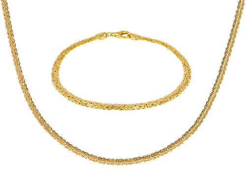 18k Yellow Gold Over Sterling Silver 4mm Byzantine Link Bracelet & 20 Inch Chain Set of 2