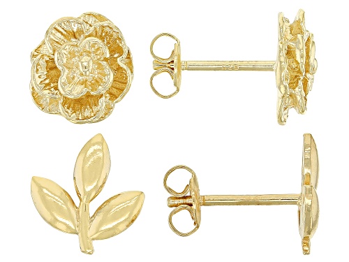 18k Yellow Gold Over Sterling Silver Rose & Leaf Stud Earring Set of 2