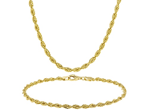 18k Yellow Gold Over Sterling Silver 3mm High Polished Rope Link Bracelet & 18 Inch Chain Set of 2