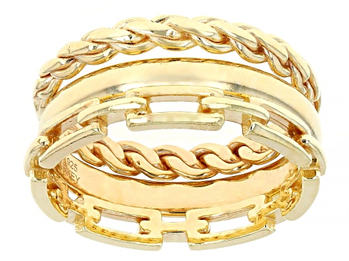 18k Yellow Gold Over Sterling Silver Polished, Paperclip and Woven Band Ring Set of 3 - Size 10