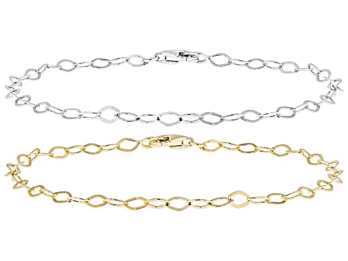 18k Yellow Gold Over Sterling Silver and Sterling Silver 3mm Marquise Link Bracelet Set - Size 7.25