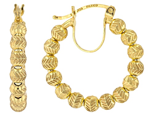 18k Yellow Gold Over Sterling Silver Diamond Cut Bead 0.75" Hoop Earrings