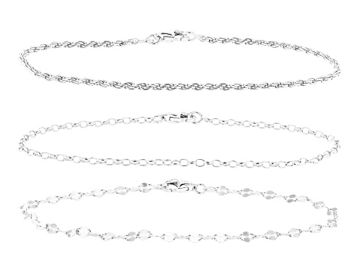 Sterling Silver 2.8mm Mirror, 2mm Rope and 2mm Paperclip Chain Set of 3 Bracelets - Size 8