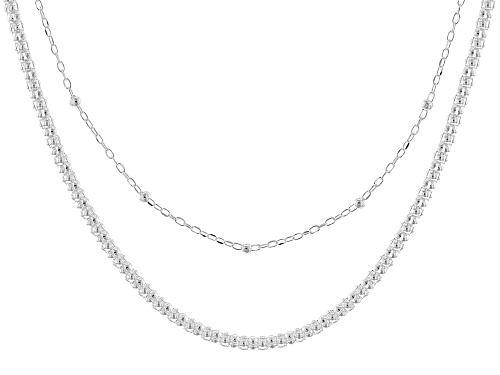 Sterling Silver 2mm Popcorn Chain with Cable and Bead Station Chain Set of 2 - Size 18