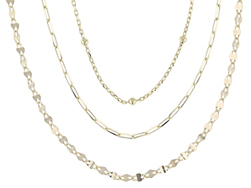 18k Yellow Gold Over Sterling Silver 18" Bead, 20" Paperclip, and 22" Mirror Necklace Set of 3 - Size 18