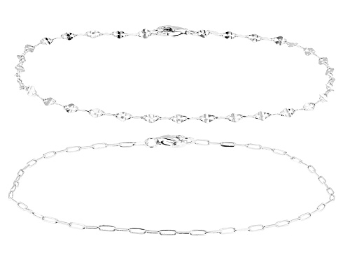 Sterling Silver 2.5mm Mirror and Paperclip 7.25" Bracelet Set of 2 - Size 7.25