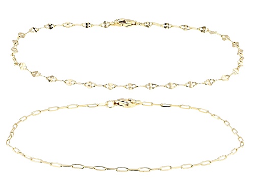 18k Yellow Gold Over Sterling Silver 2.5mm Mirror and Paperclip 7.25" Bracelet Set of 2 - Size 7.25