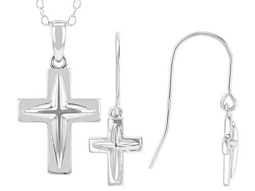 Rhodium Over Sterling Silver Cross Earring and Pendant with Chain Set