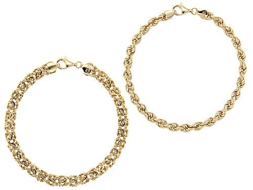 18K Yellow Gold Over Sterling Silver Set of 2 5.9MM Byzantine and 4.4MM Rope Link Bracelets - Size 8