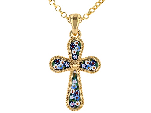 18k Yellow Gold Over Sterling Silver Mosaico Cross Pendant With Rolo Chain