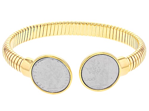 18k Yellow Gold Over Sterling Silver Lire Coin Cuff Bangle - Size 7.25