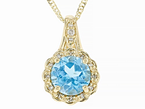0.86ct Round Swiss Blue Topaz With 0.05ctw Diamond Accent 10k Yellow Gold Pendant With Chain