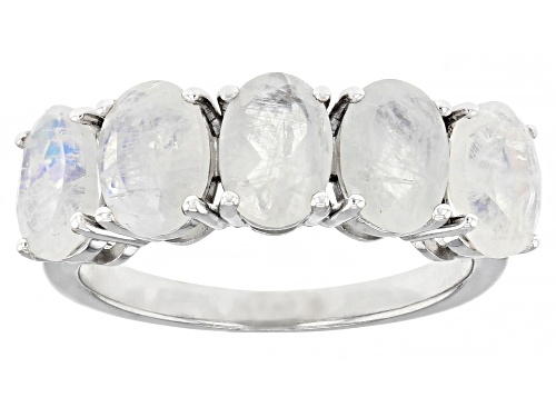 Photo of 7x5mm Oval Rainbow Moonstone Rhodium Over Sterling Silver 5-Stone Band Ring - Size 7