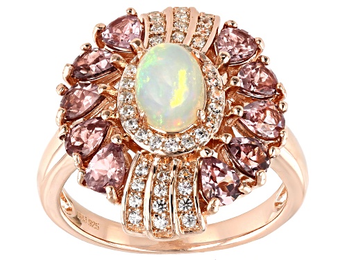 Photo of 2.11ctw Ethiopian Opal, Color Shift Garnet & White Zircon 18k Rose Gold Over Sterling Silver Ring - Size 7