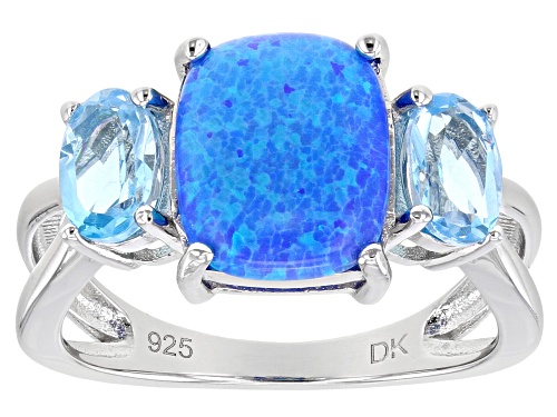 Photo of 10x8mm Cushion Lab Created Blue Opal With 0.99ctw Swiss Blue Topaz Rhodium Over Silver Ring - Size 8
