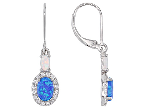 Photo of Lab Blue Opal, Lab White Opal With 0.43ctw Lab White Sapphire Rhodium Over Silver Earrings