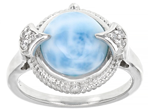 Photo of 10mm Round Cabochon Larimar With 0.04ctw Round White Zircon Rhodium Over Sterling Silver Ring - Size 7