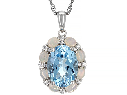 6.00ct Glacier Topaz, .82ctw Ethiopian Opal, .41ctw White Zircon Rhodium Over Silver Pendant/Chain