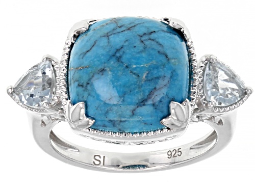 Photo of 12X12mm Cushion Turquoise With 0.81ctw Trillion Aquamarine Rhodium Over Sterling Silver Ring - Size 9