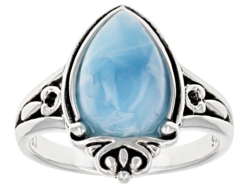 12X8mm Pear Shaped Cabochon Larimar Solitaire Rhodium Over Sterling Silver Ring - Size 7