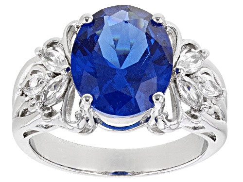 4.68ct Oval Lab Blue Spinel With 0.50ctw Lab White Sapphire Rhodium Over Sterling Silver Ring - Size 8