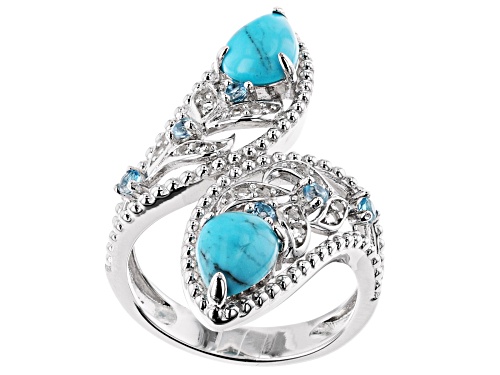 Photo of 8x6mm Composite Turquoise, 0.34ctw Swiss Blue Topaz & White Topaz Rhodium Over Silver Bypass Ring - Size 8