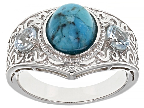Photo of 9x7mm Oval Blue Turquoise With 0.54ctw Glacier Topaz™ Rhodium Over Sterling Silver Ring - Size 8