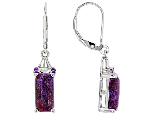 Photo of 12x6mm Rectangular Octagonal Purple Turquoise With 0.05ctw Amethyst Rhodium Over Silver Earrings
