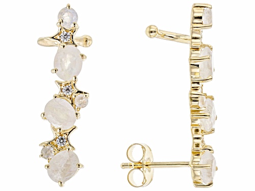 Rainbow Moonstone With 0.10ctw White Zircon 18k Yellow Gold Over Silver Earrings Climbers