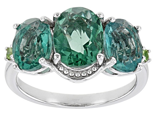 4.85ctw Oval Teal Fluorite With 0.04ctw Tsavorite Garnet Rhodium Over Sterling Silver Ring - Size 8