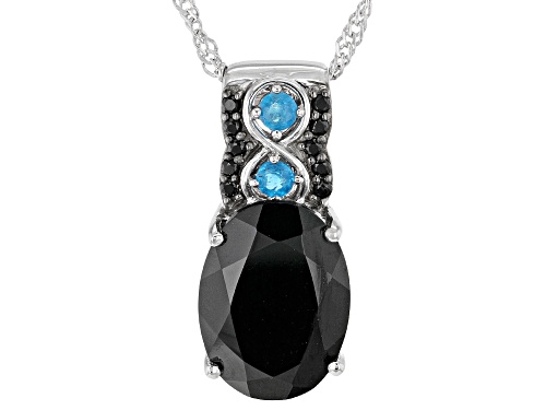 Photo of 5.84ctw Oval & Round Black Spinel With .12ctw Neon Apatite Rhodium Over Silver Pendant With Chain