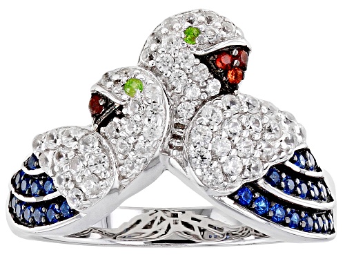 Photo of .70ctw Round White Zircon, Lab Created Blue Spinel & Multi-Gem Rhodium Over Silver Parrot Ring - Size 7