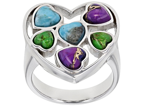 Photo of 5mm Blue, 5mm Purple, And 4mm Green Heart cabochon Turquoise Rhodium Over Silver Ring. - Size 7