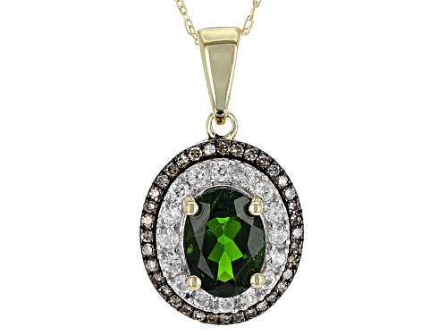 1.17ct Chrome Diopside, .29ctw White Zircon And .14ctw Champagne Diamond 10k Gold Pendant With Chain