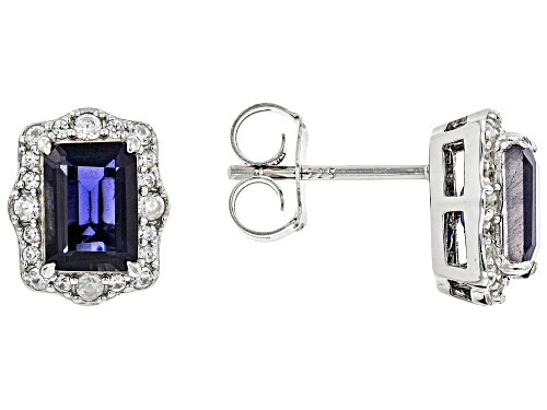 Photo of 1.25ctw Octagonal Iolite With 0.38ctw Round White Zircon Rhodium Over Sterling Silver Earrings