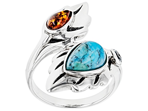Photo of 10x7mm Pear Shape Turquoise With Amber And 0.12ct Glacier Topaz™ Sterling Silver Ring - Size 6